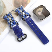 For Apple Watch Series 4 44mm Paracord Genuine Leather Watch Band(Blue Camo)