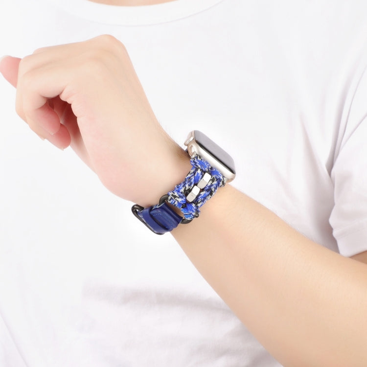 For Apple Watch Series 4 44mm Paracord Genuine Leather Watch Band(Blue Camo)