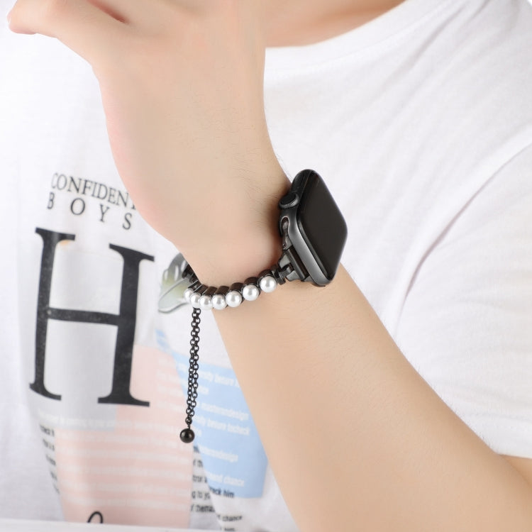 For Apple Watch 38mm Pearl Bracelet Metal Watch Band(Black)