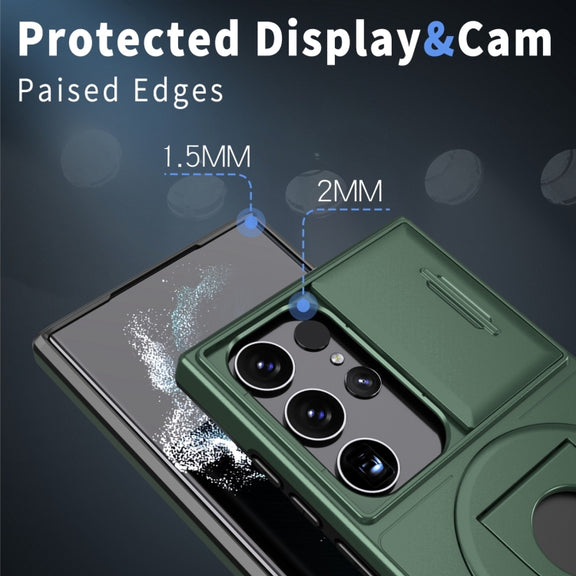 For Samsung Galaxy S23 Ultra 5G Camshield MagSafe Ring Holder Armor Phone Case(Deep Green)
