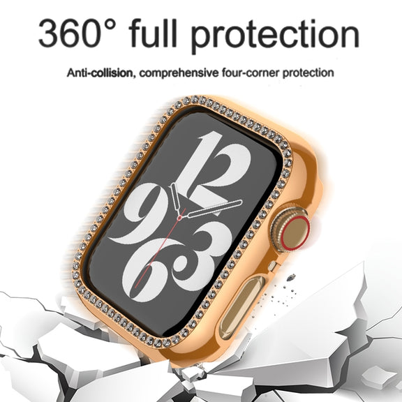 For Apple Watch Series 9 / 8 / 7 41mm Plating Row Diamond Hollow PC Watch Case(Rose Gold)