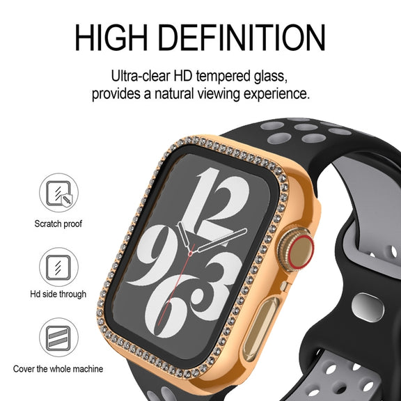 For Apple Watch Series 9 / 8 / 7 41mm Plating Row Diamond PC Watch Case with Film(Black)
