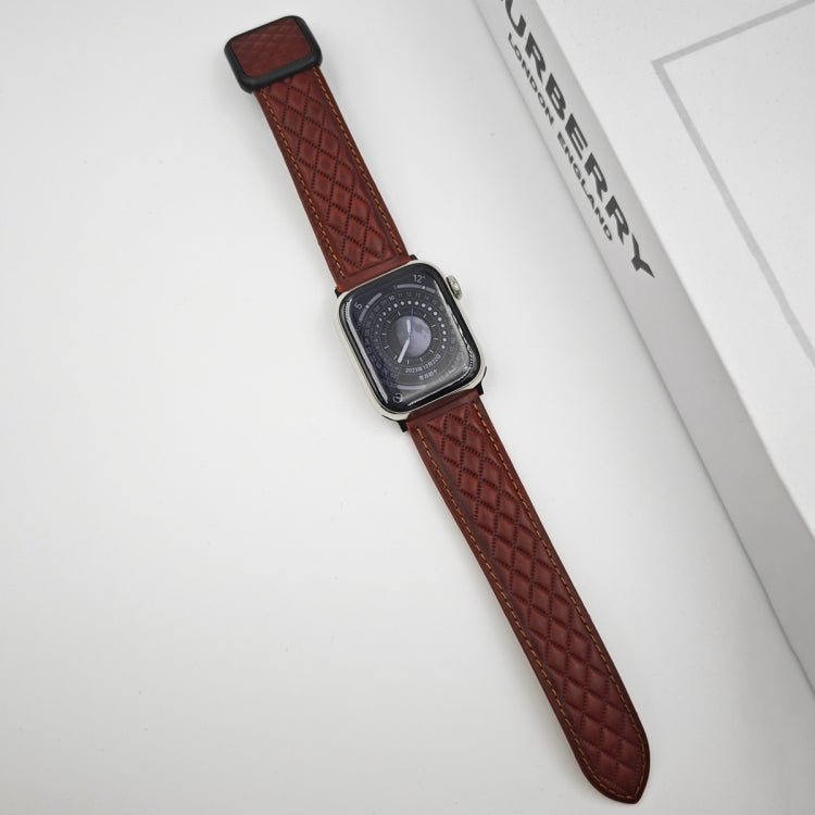 For Apple Watch Series 2 42mm Rhombus Pattern Magnetic Square Buckle Leather Watch Band(Red)