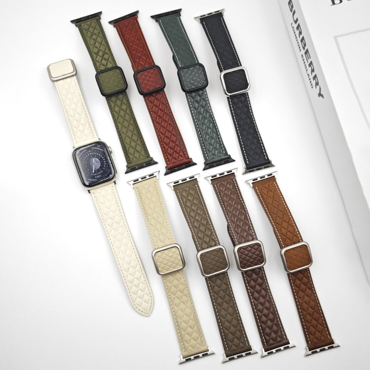 For Apple Watch SE 2023 44mm Rhombus Pattern Magnetic Square Buckle Leather Watch Band(Red)