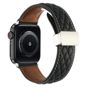For Apple Watch Series 7 45mm Rhombus Pattern Magnetic Folding Buckle Leather Watch Band(Black)