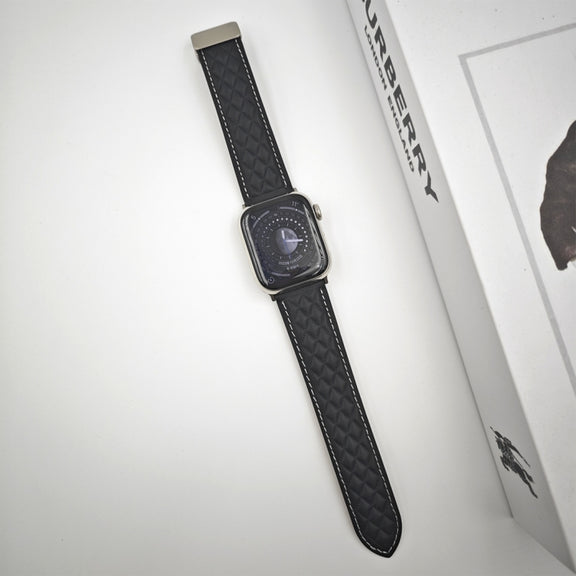 For Apple Watch Series 4 44mm Rhombus Pattern Magnetic Folding Buckle Leather Watch Band(Black)