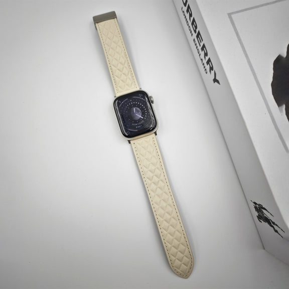 For Apple Watch Series 2 38mm Rhombus Pattern Magnetic Folding Buckle Leather Watch Band(Creamy White)