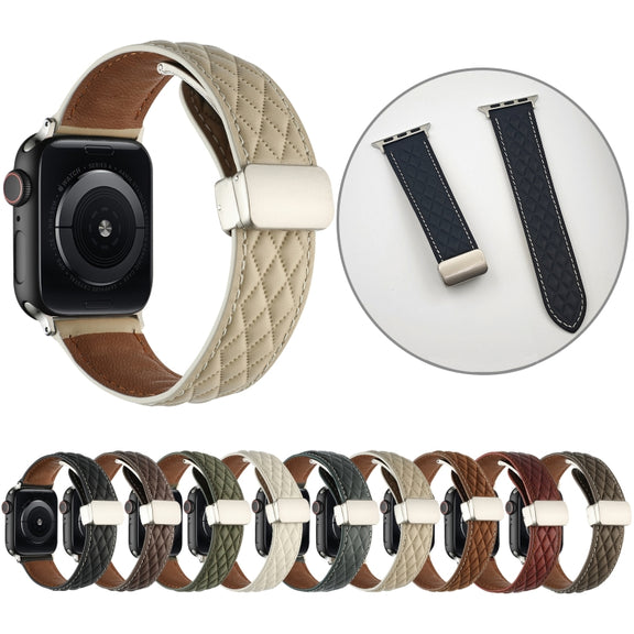 For Apple Watch Series 7 41mm Rhombus Pattern Magnetic Folding Buckle Leather Watch Band(Red)