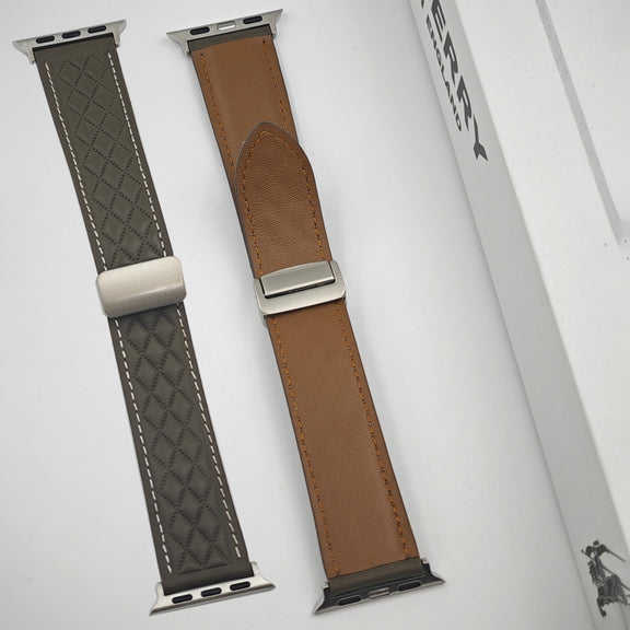 For Apple Watch Series 4 44mm Rhombus Pattern Magnetic Folding Buckle Leather Watch Band(Brown)