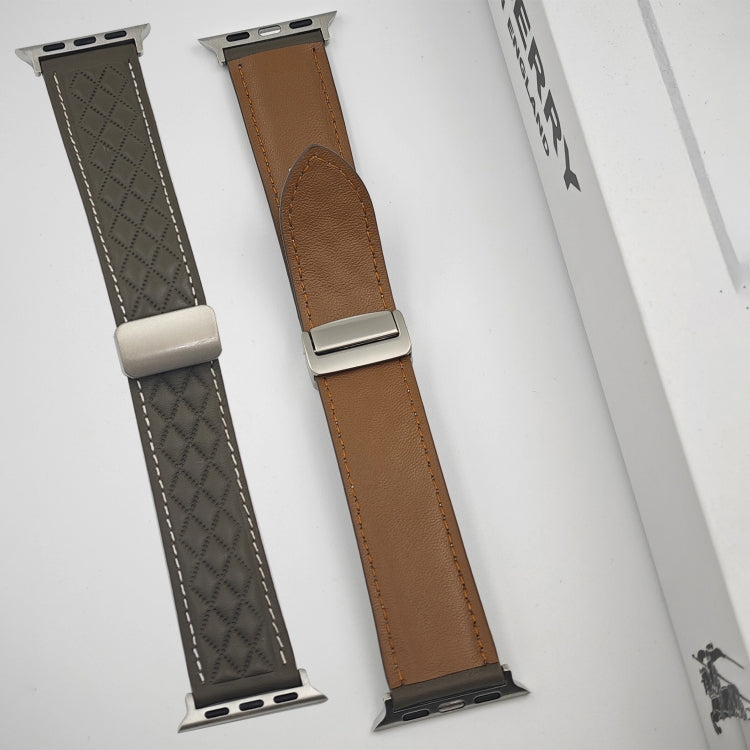 For Apple Watch Series 4 44mm Rhombus Pattern Magnetic Folding Buckle Leather Watch Band(Dark Brown)
