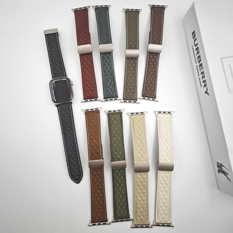 For Apple Watch Series 2 38mm Rhombus Pattern Magnetic Folding Buckle Leather Watch Band(Brown)