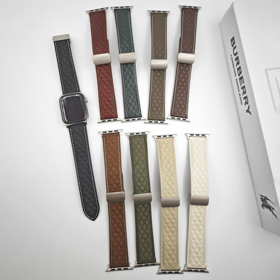 For Apple Watch Series 2 38mm Rhombus Pattern Magnetic Folding Buckle Leather Watch Band(Brown)