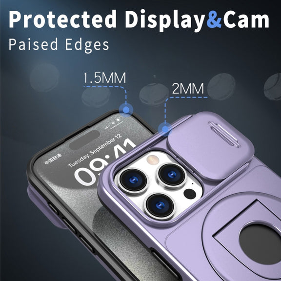 For iPhone 15 Pro Camshield MagSafe Ring Holder Armor Phone Case(Purple)