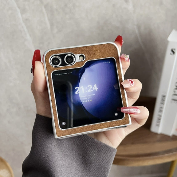For Samsung Galaxy Z Flip5 Skin Feel Leather Texture MagSafe Pearlescent Paint Shockproof Phone Case(Brown)