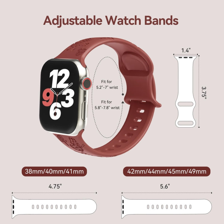 For Apple Watch Series 7 45mm Butterfly Flower Embossed Silicone Watch Band(Brick Red)