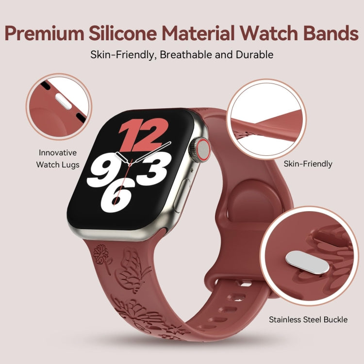 For Apple Watch Series 5 44mm Butterfly Flower Embossed Silicone Watch Band(Brick Red)