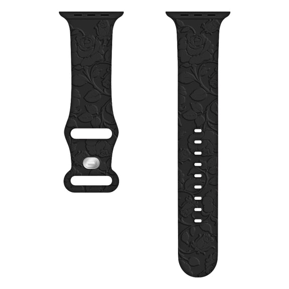 For Apple Watch 42mm Rose Embossed Silicone Watch Band(Black)