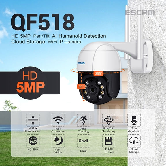 ESCAM QF518 5MP Smart WiFi IP Camera, Support AI Humanoid Detection / Auto Tracking / Dual Light Night Vision / Cloud Storage / Two Way Audio / TF Card, Plug:EU Plug(White)