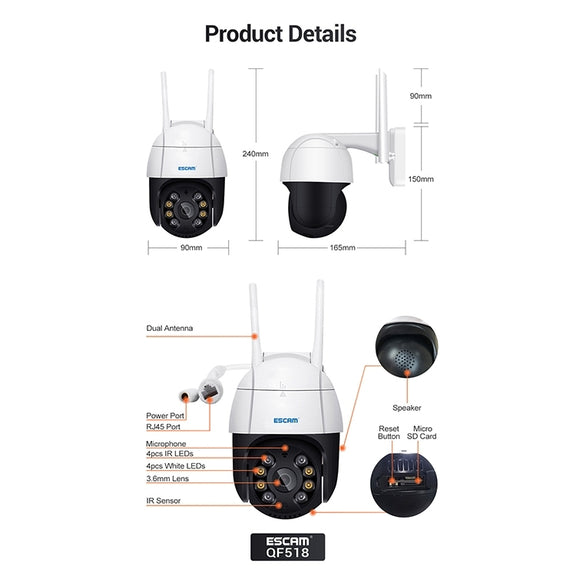 ESCAM QF518 5MP Smart WiFi IP Camera, Support AI Humanoid Detection / Auto Tracking / Dual Light Night Vision / Cloud Storage / Two Way Audio / TF Card, Plug:EU Plug(White)