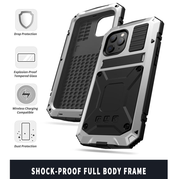 For iPhone 12 / 12 Pro R-JUST Shockproof Water-resistant Dust-proof Metal + Silicone Protective Case with Holder(Silver)