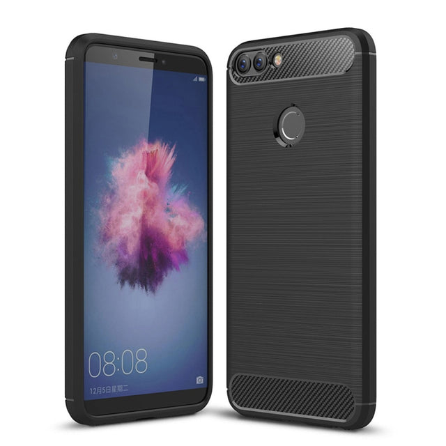 For Huawei  P smart / Enjoy 7S Brushed Texture Carbon Fiber Shockproof TPU Protective Back Case (Black)