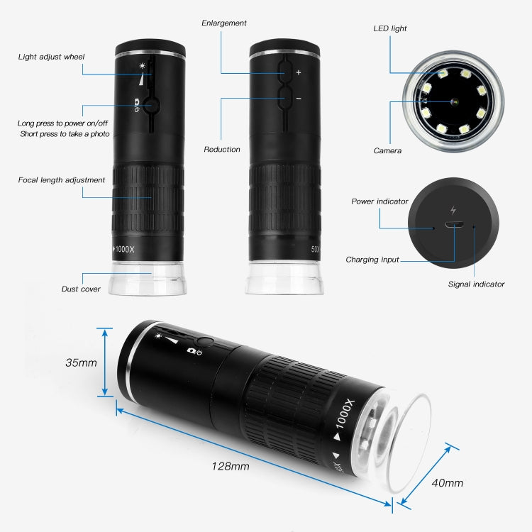 F210 HD 1080P WIFI 1000X Magnification Digital Microscope with 8 LED Light