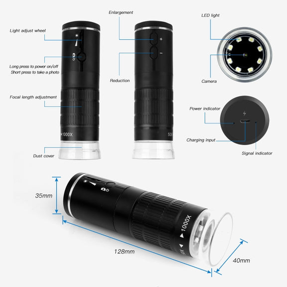 F210 HD 1080P WIFI 1000X Magnification Digital Microscope with 8 LED Light