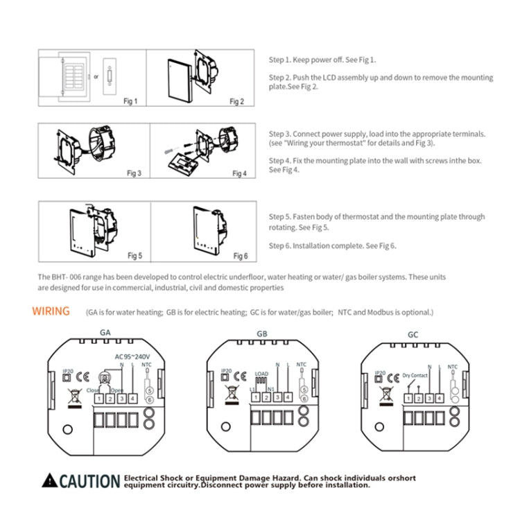 BHT-006GCLW 95-240V AC 5A Smart Home Heating Thermostat for EU Box, Control Boiler Heating with Only Internal Sensor, WiFi (White)