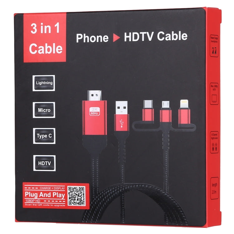 3 in 1 Micro USB + USB-C / Type-C + 8 Pin to HDMI HDTV Cable(Red)
