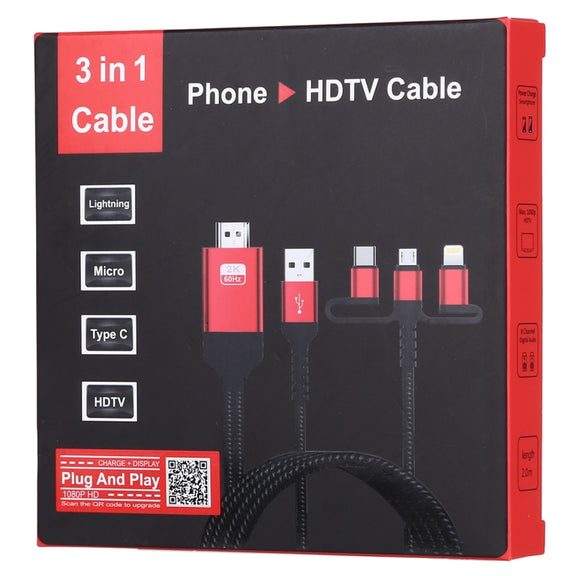 3 in 1 Micro USB + USB-C / Type-C + 8 Pin to HDMI HDTV Cable(Red)