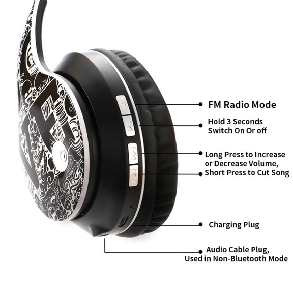 B1 Graffiti Pattern Wireless Bluetooth V5.0 Headset (Black Silver)