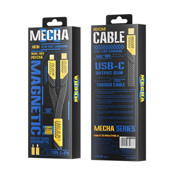 WK WDC-189 Armor Series 2 in 1 65W USB-C/Type-C to USB-C/Type-C+8 Pin Magnetic Data Cable, Length: 1.2m(Yellow)