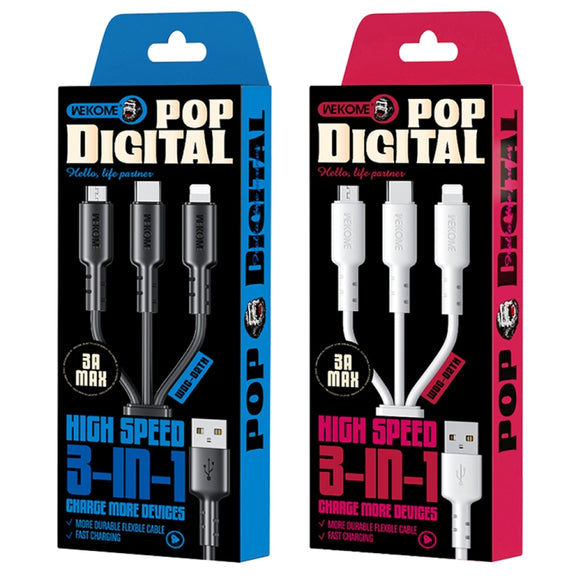 WEKOME WDC-02 Tidal Energy Series 3A USB to 8 Pin+Type-C+Micro USB 3 in 1 PVC Data Cable, Length: 1.2m (White)