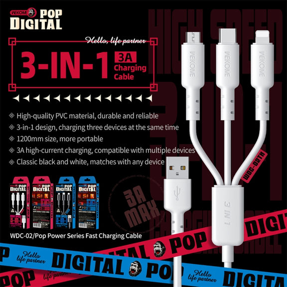 WEKOME WDC-02 Tidal Energy Series 3A USB to 8 Pin+Type-C+Micro USB 3 in 1 PVC Data Cable, Length: 1.2m (White)
