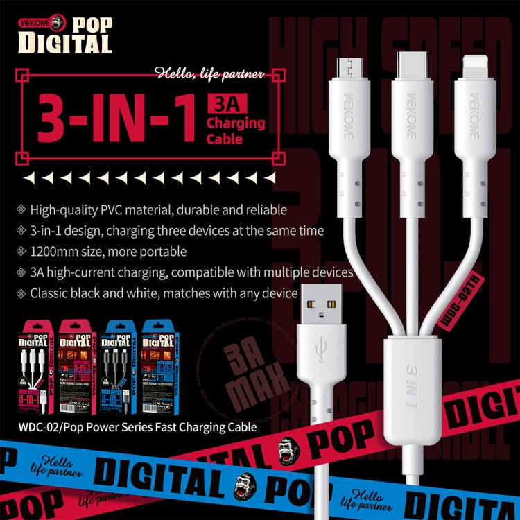 WEKOME WDC-02 Tidal Energy Series 3A USB to 8 Pin+Type-C+Micro USB 3 in 1 PVC Data Cable, Length: 1.2m (White)