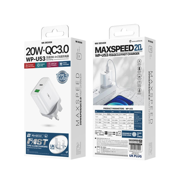 WK WP-U53 QC3.0 Charger 20W USB Type-C Maxspeed PD Fast Charger(UK Plug)