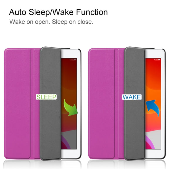 For iPad 10.2 Custer Texture Horizontal Flip Smart PU Leather Case with Sleep / Wake-up Function & Three-folding Holder (Purple)