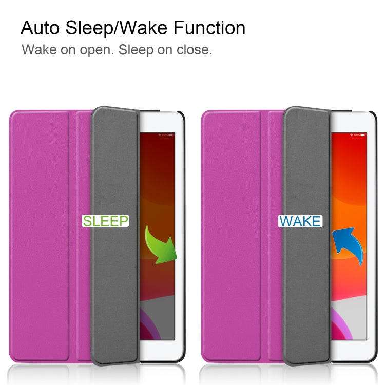 For iPad 10.2 Custer Texture Horizontal Flip Smart PU Leather Case with Sleep / Wake-up Function & Three-folding Holder (Purple)