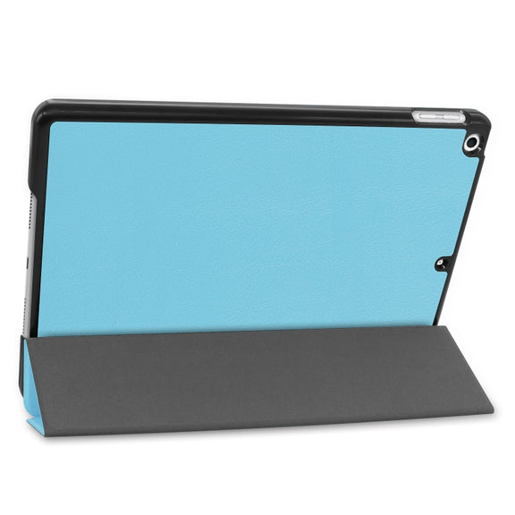 For iPad 10.2 Custer Texture Horizontal Flip Smart PU Leather Case with Sleep / Wake-up Function & Three-folding Holder (Sky Blue)