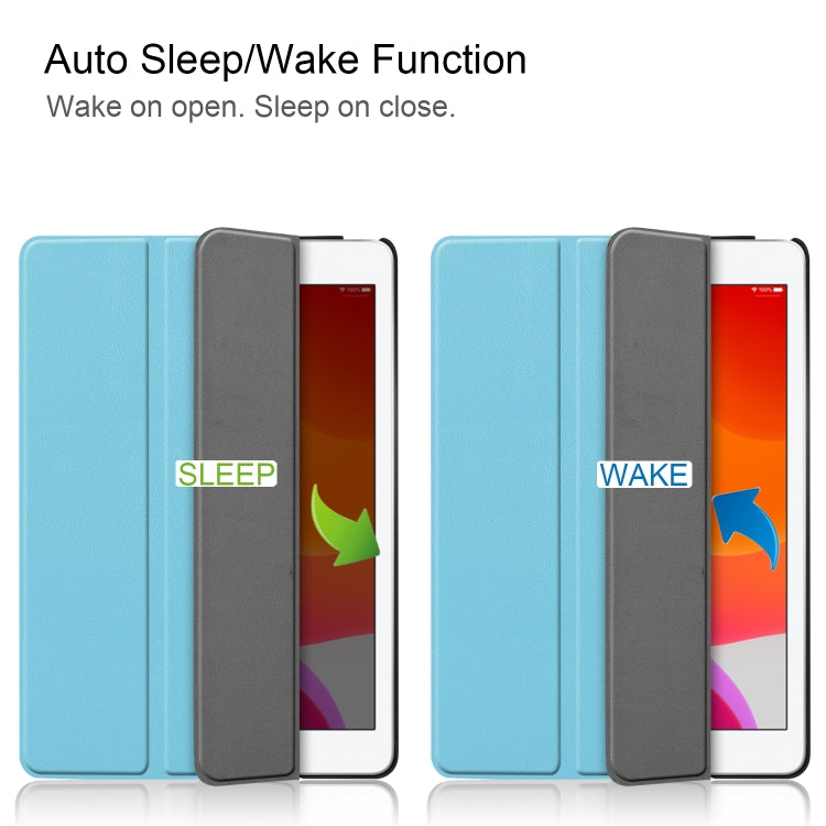 For iPad 10.2 Custer Texture Horizontal Flip Smart PU Leather Case with Sleep / Wake-up Function & Three-folding Holder (Sky Blue)