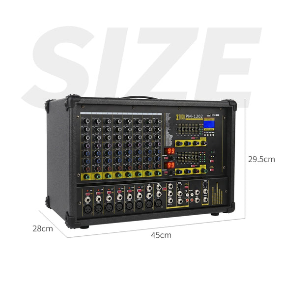 XTUGA PM1202 900W 10 Channel Stage Power Mixer 24Bit Multil-FX Processor Dual 99 DSP Effect DJ Amplifier (EU Plug)