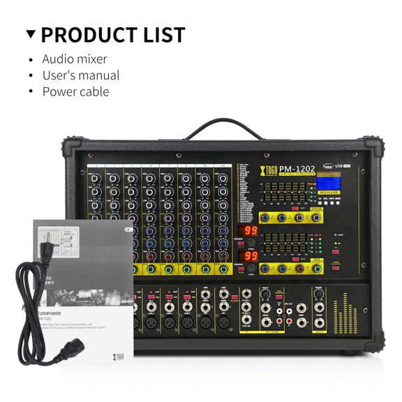 XTUGA PM1202 900W 10 Channel Stage Power Mixer 24Bit Multil-FX Processor Dual 99 DSP Effect DJ Amplifier (EU Plug)