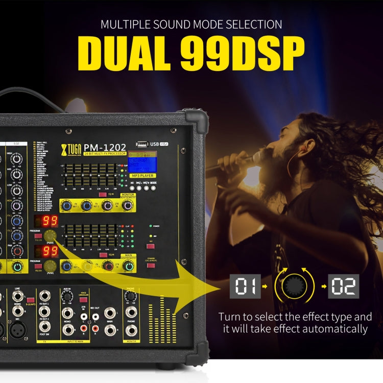 XTUGA PM1202 900W 10 Channel Stage Power Mixer 24Bit Multil-FX Processor Dual 99 DSP Effect DJ Amplifier (EU Plug)