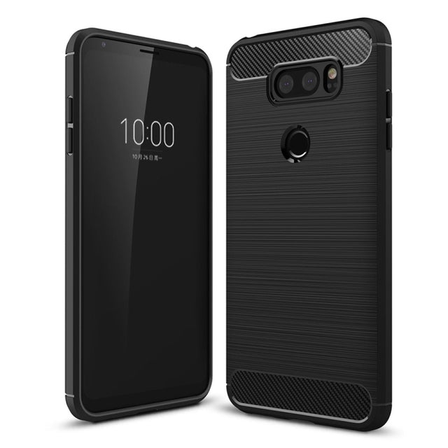 For LG V30 Brushed Texture Carbon Fiber Shockproof TPU Rugged Armor Protective Case (Black)