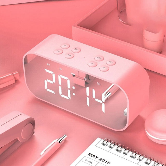 AEC BT501 Bluetooth 5.0 Mini Speaker with LED & Alarm Clock & Clock & Mirror, Support 32G TF Card(Pink)