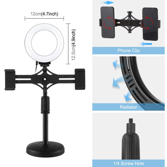 PULUZ 4.7 inch 12cm Ring Light Horizontal Dual Phone Brackets Desktop Holder Video Light Kits