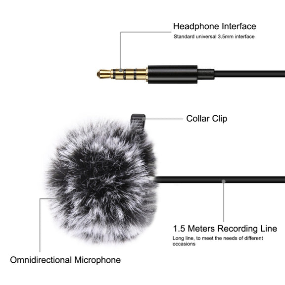 PULUZ 1.5m 3.5mm Jack Lavalier Wired Condenser Recording Microphone