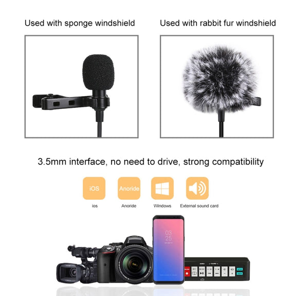 PULUZ 1.5m 3.5mm Jack Lavalier Wired Condenser Recording Microphone