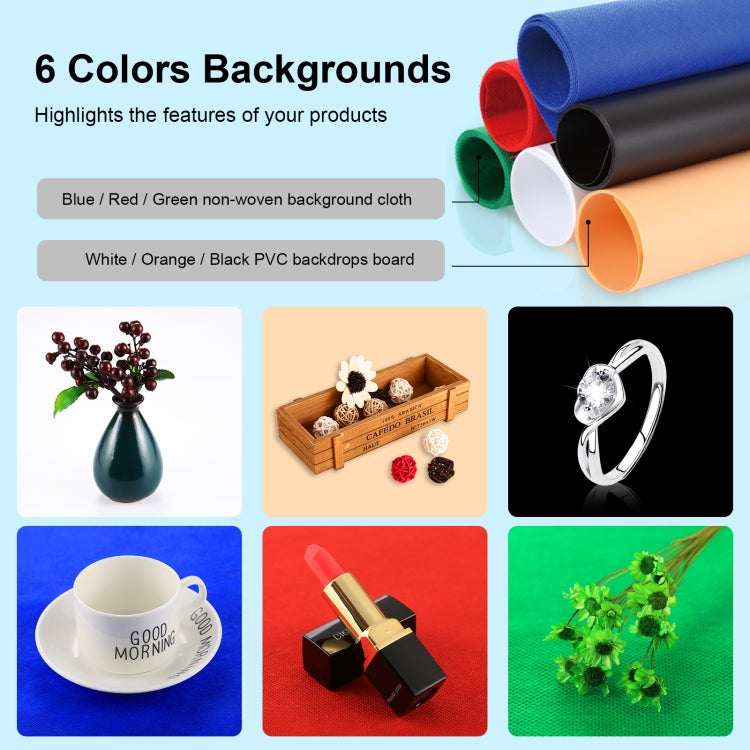 PULUZ Photo Studio Light Box Portable 60 x 60 x 60 cm Light Tent LED 5500K White Light Dimmable Mini 36W Photography Studio Tent Kit with 6 Removable Backdrops (Black Orange White Green Blue Red)(EU Plug)