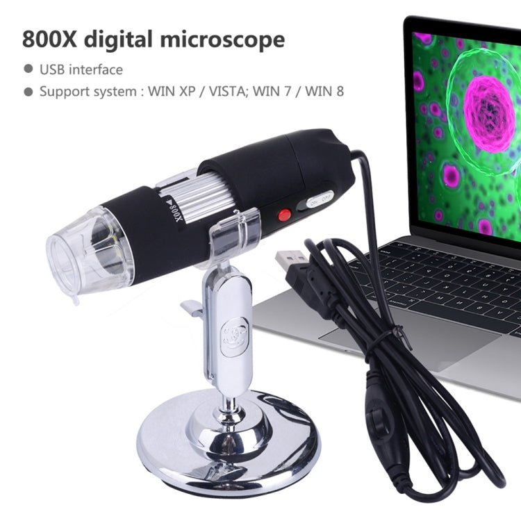 2.0 Mega Pixels 800X USB Digital Microscope with 8 LED White Light / Holder(Black)